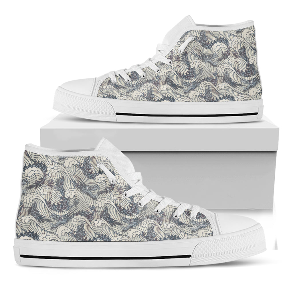 Chinese Sea Dragon Pattern Print White High Top Shoes