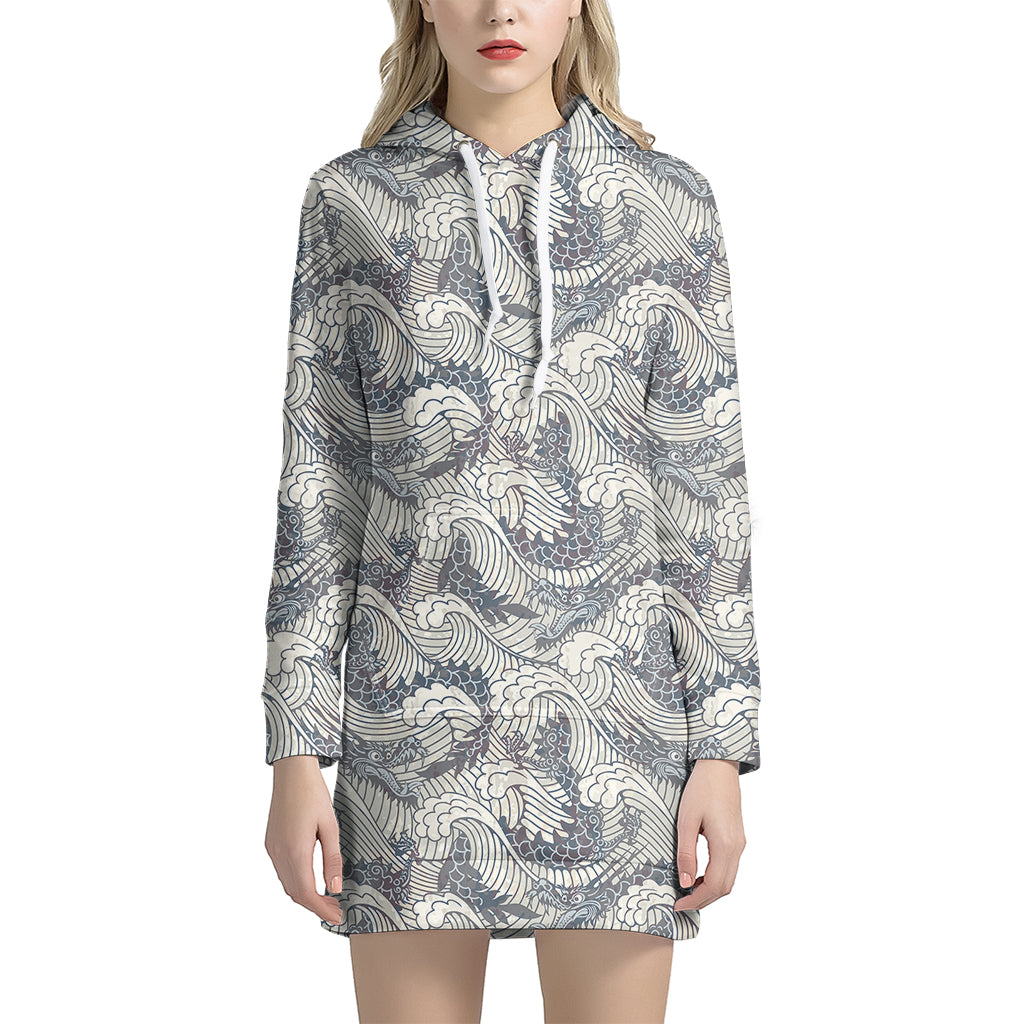 Chinese Sea Dragon Pattern Print Women's Pullover Hoodie Dress