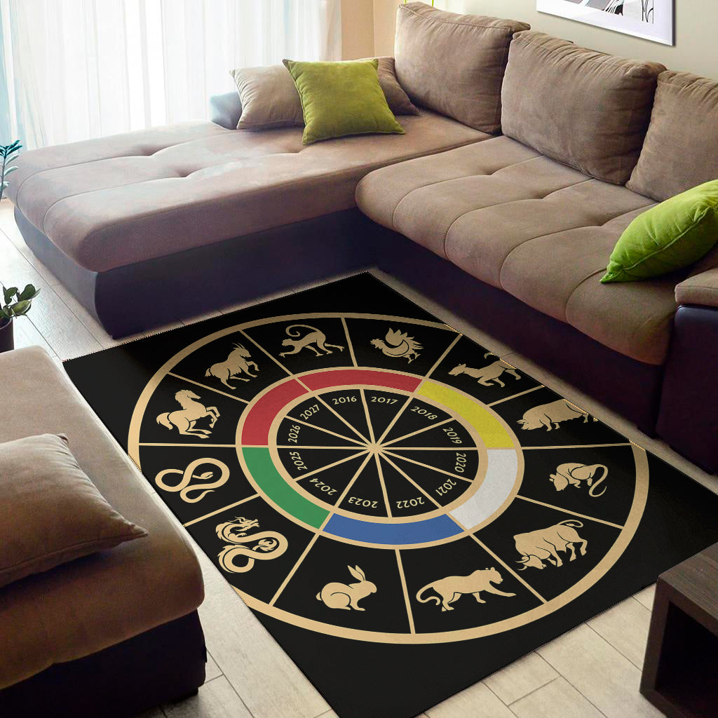 Chinese Zodiac Calendar Wheel Print Area Rug