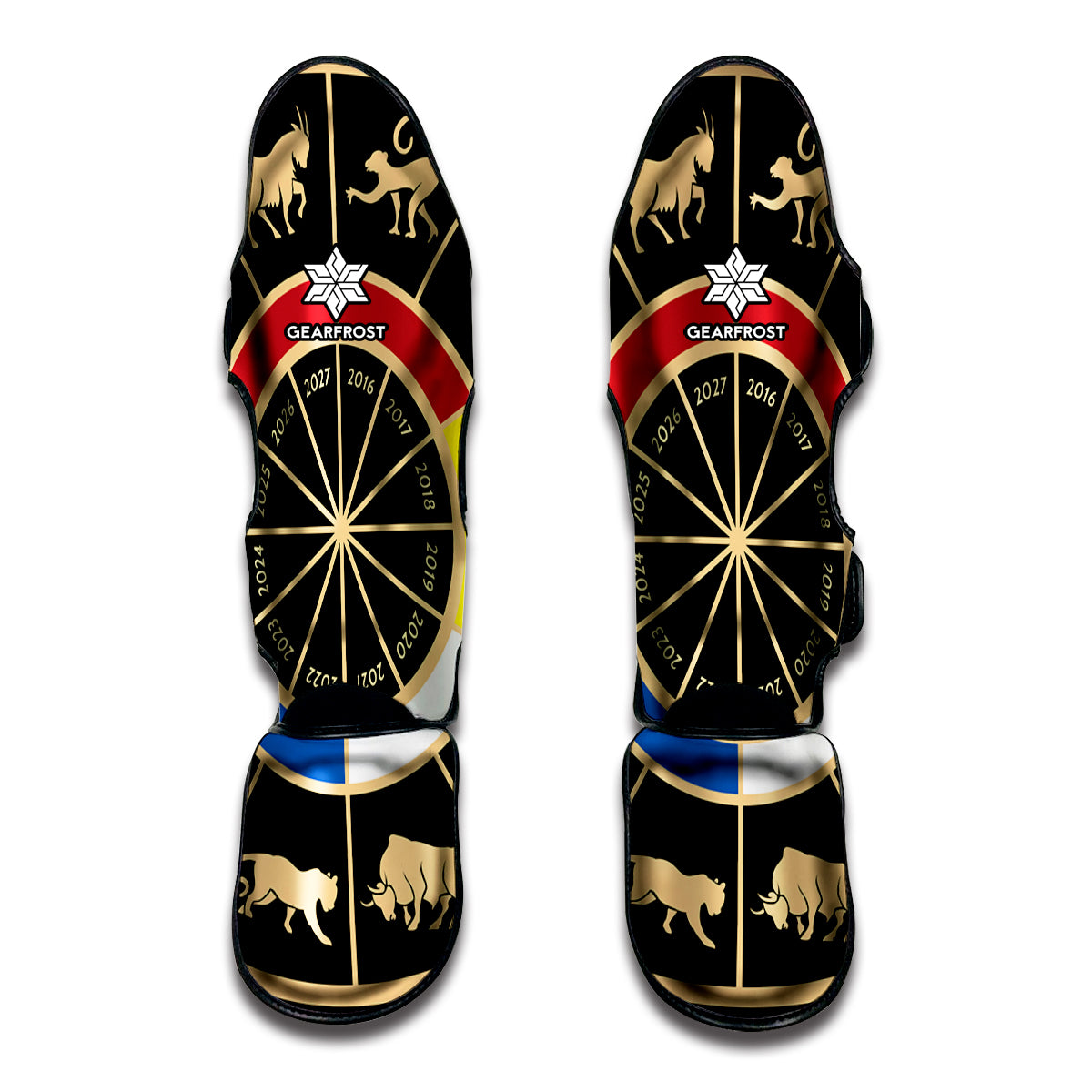 Chinese Zodiac Calendar Wheel Print Muay Thai Shin Guards