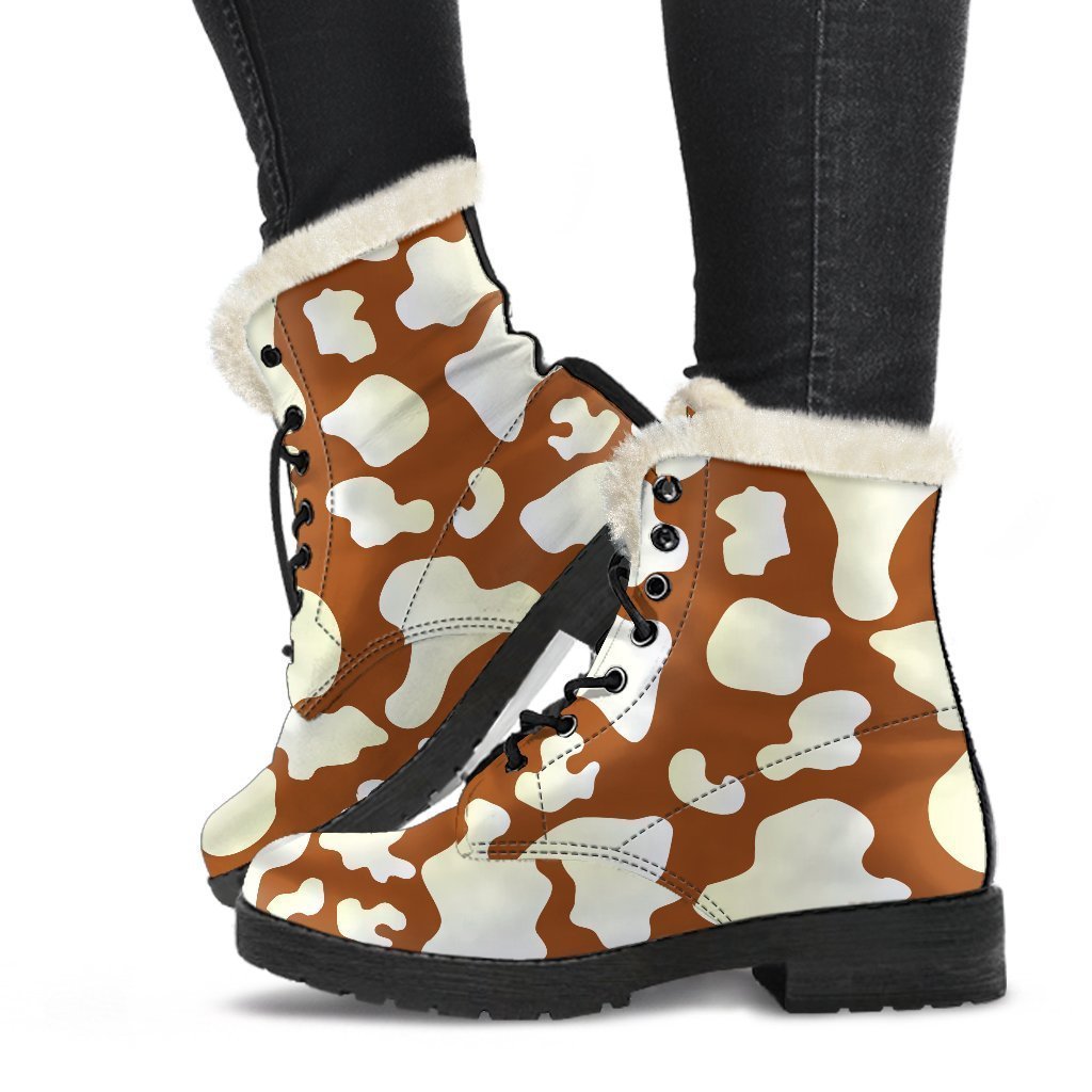 Chocolate And Milk Cow Print Faux Fur Leather Boots