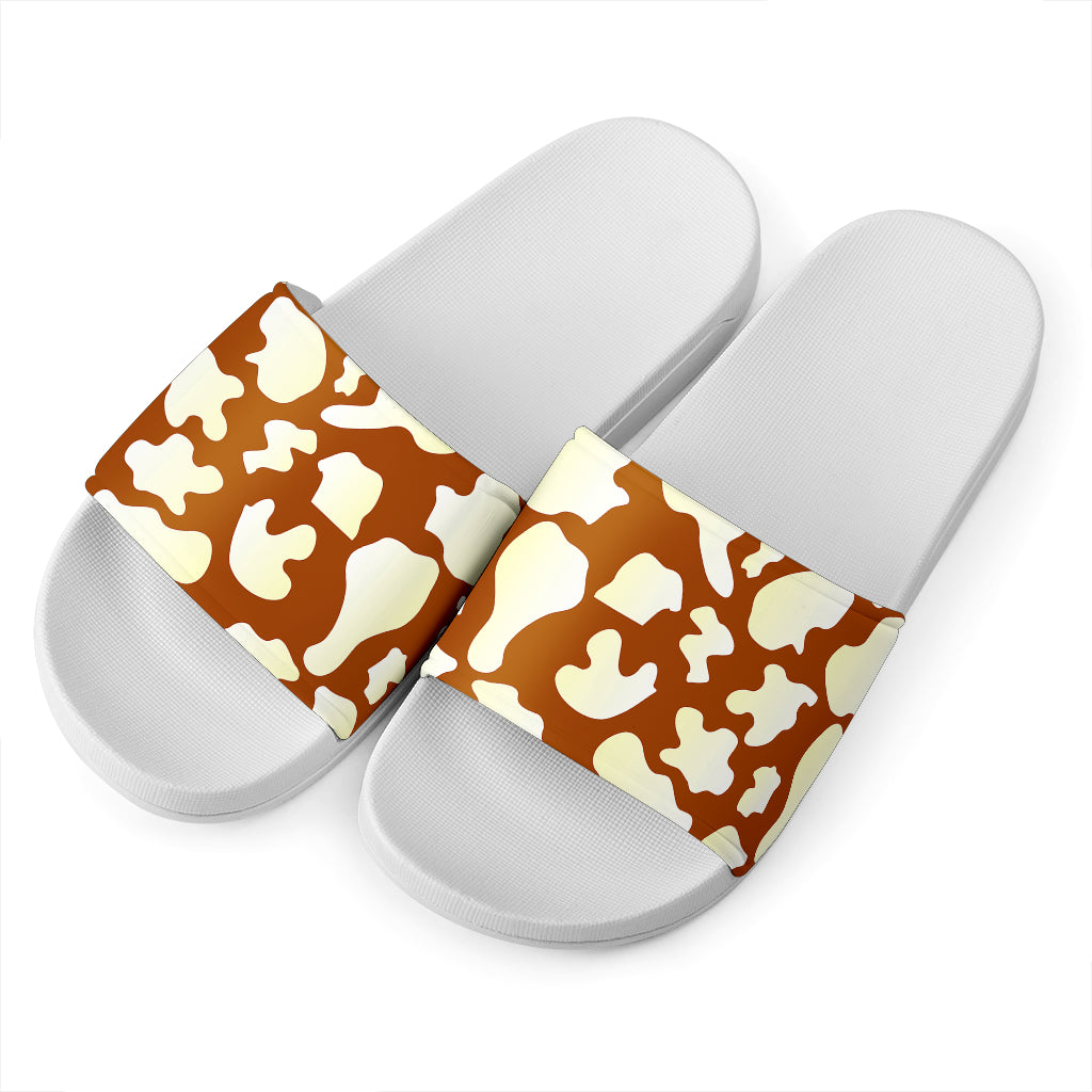 Chocolate And Milk Cow Print White Slide Sandals