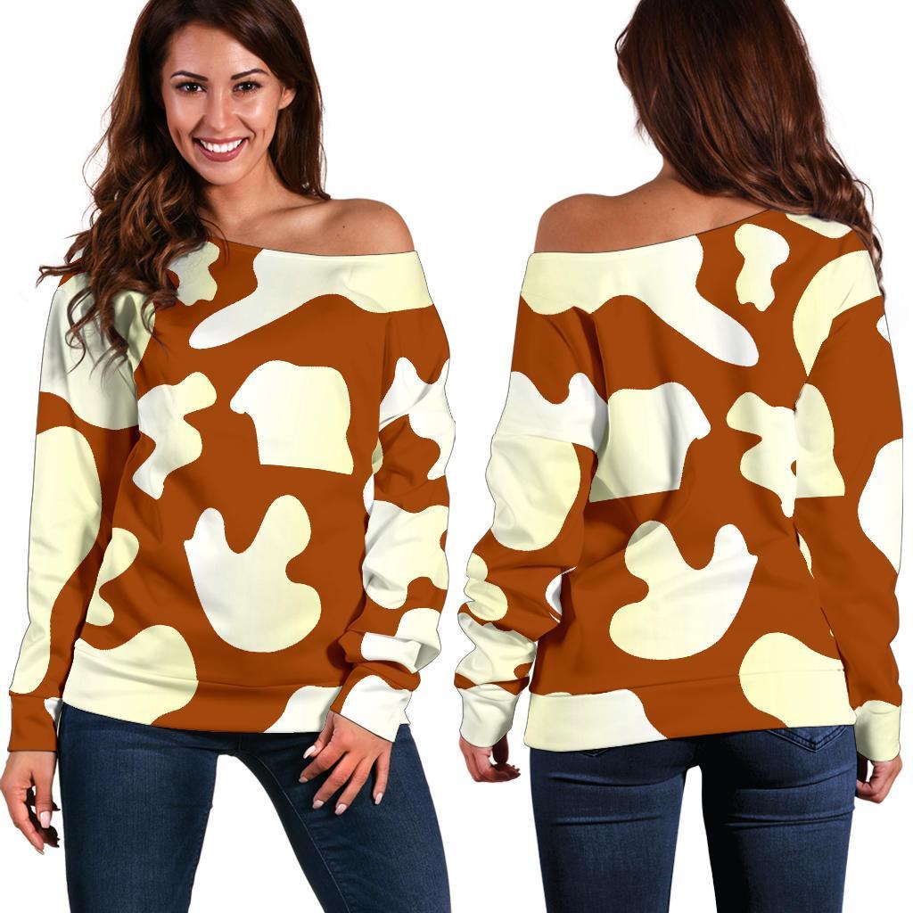 Chocolate And Milk Cow Print Women's Off-Shoulder Sweatshirt