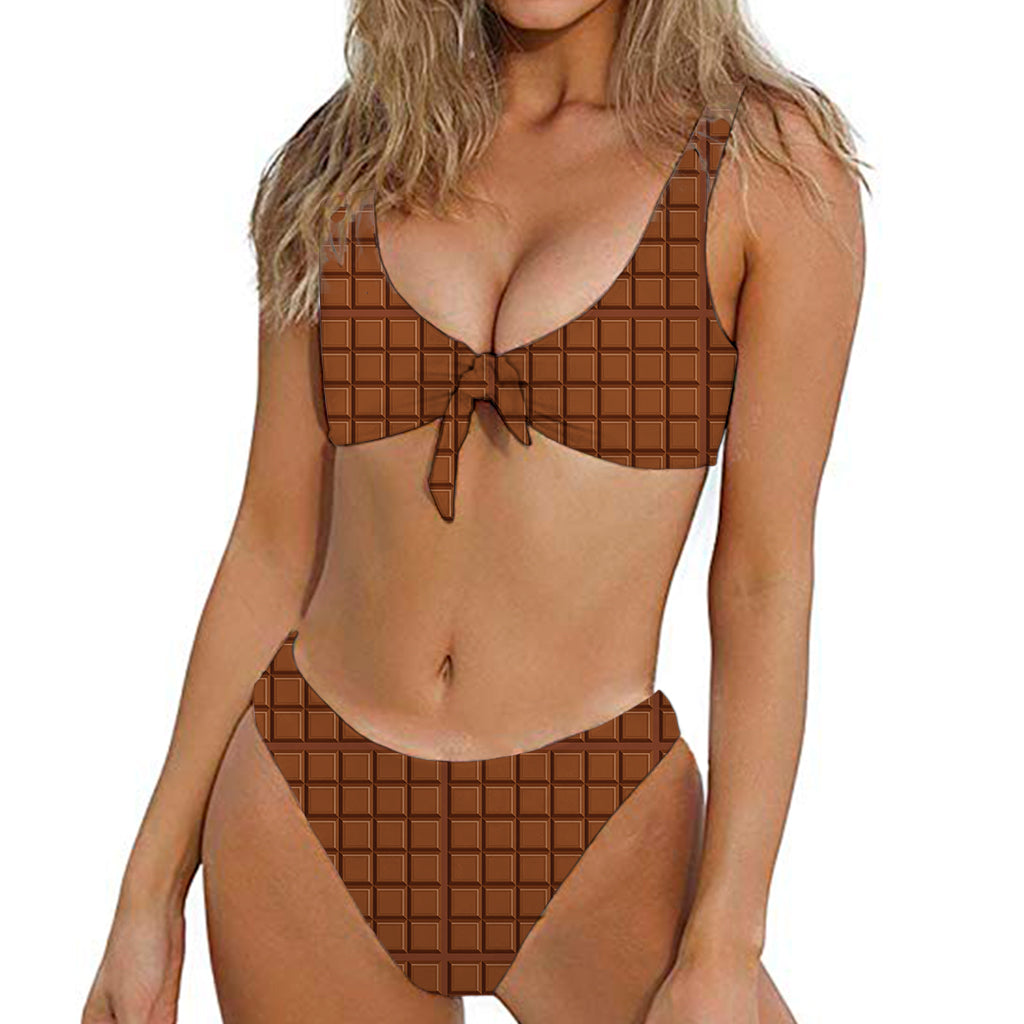 Chocolate Bar Pattern Print Front Bow Tie Bikini