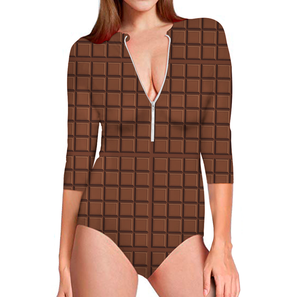 Chocolate Bar Pattern Print Long Sleeve One Piece Swimsuit