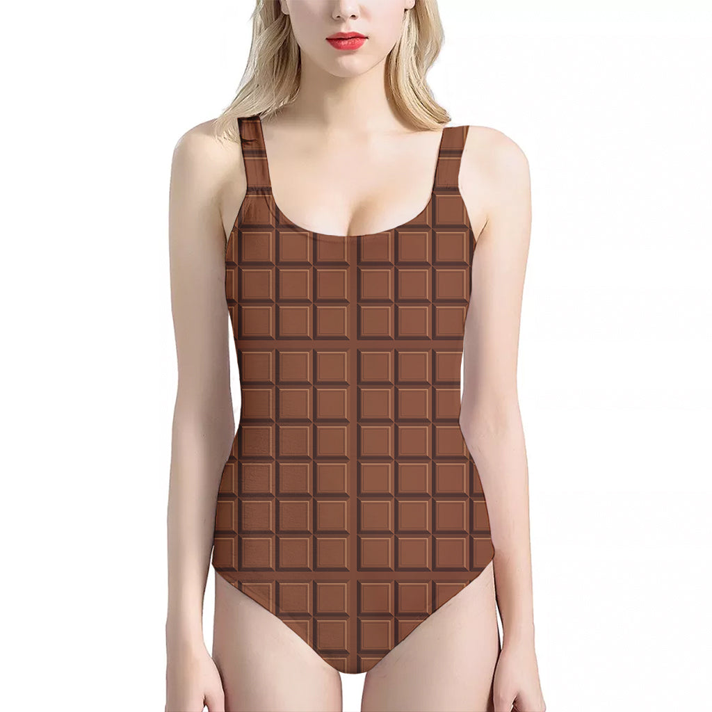 Chocolate Bar Pattern Print One Piece Halter Neck Swimsuit