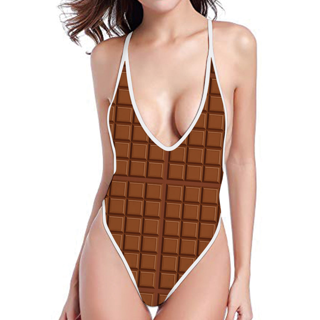 Chocolate Bar Pattern Print One Piece High Cut Swimsuit