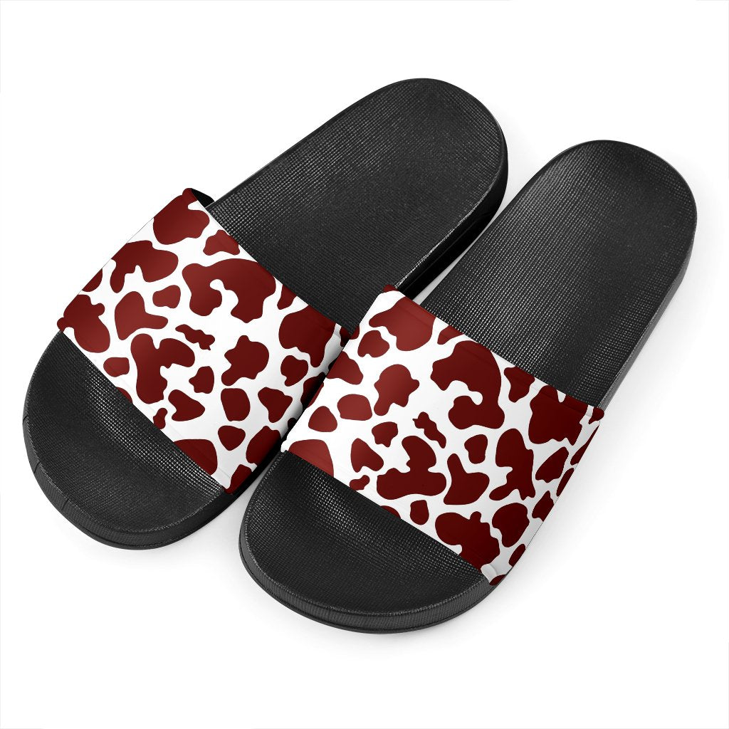 Chocolate Brown And White Cow Print Black Slide Sandals