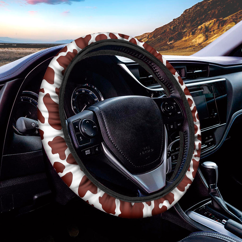 Chocolate Brown And White Cow Print Car Steering Wheel Cover