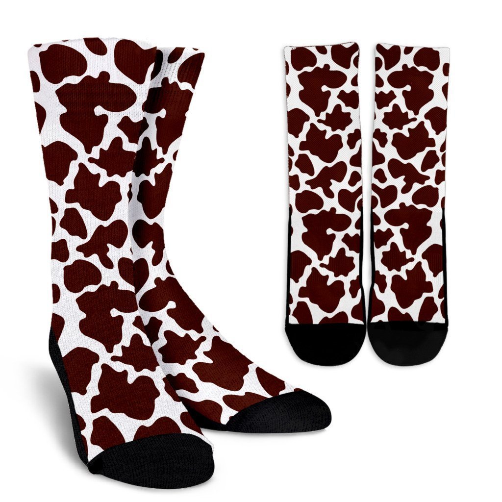 Chocolate Brown And White Cow Print Crew Socks