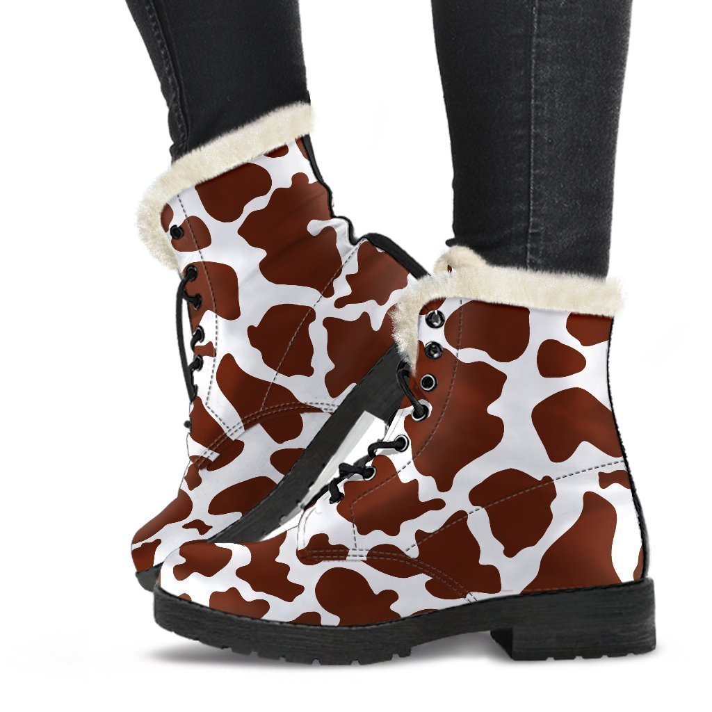 Chocolate Brown And White Cow Print Faux Fur Leather Boots