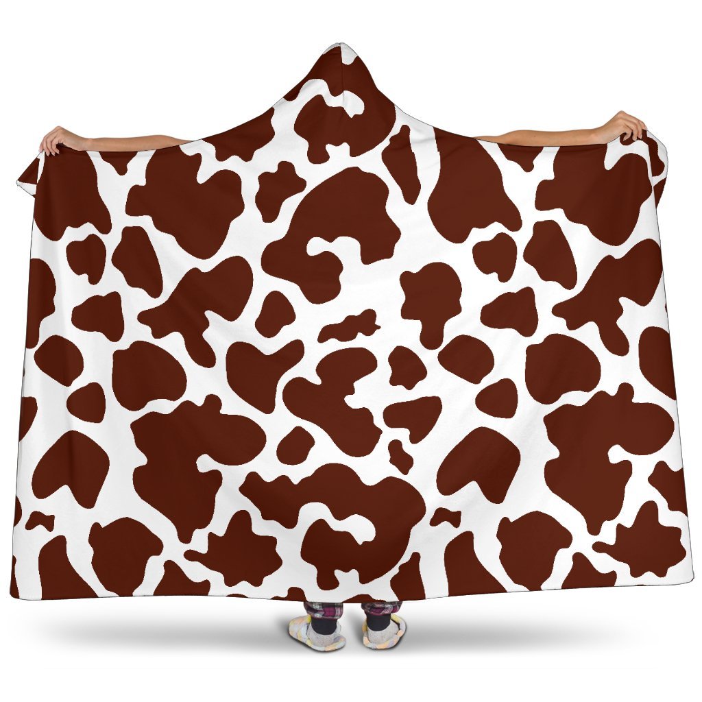 Chocolate Brown And White Cow Print Hooded Blanket