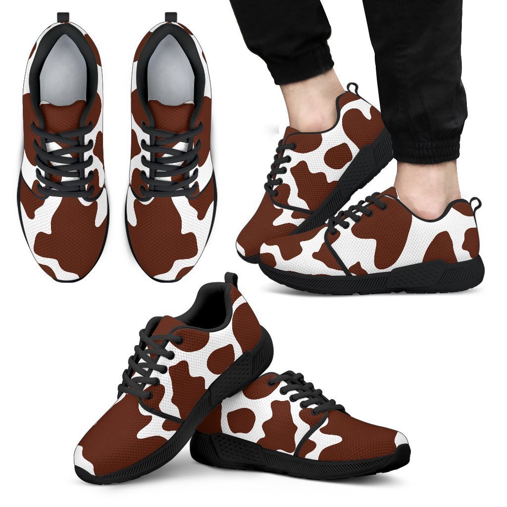 Chocolate Brown And White Cow Print Men's Athletic Shoes