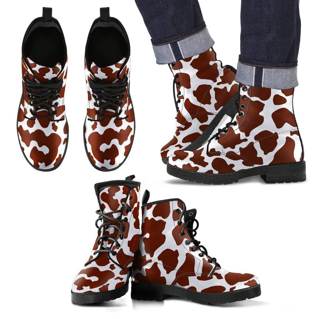 Chocolate Brown And White Cow Print Men's Boots