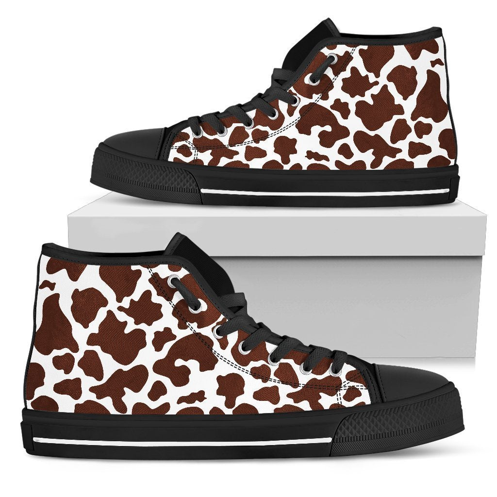 Chocolate Brown And White Cow Print Men's High Top Shoes