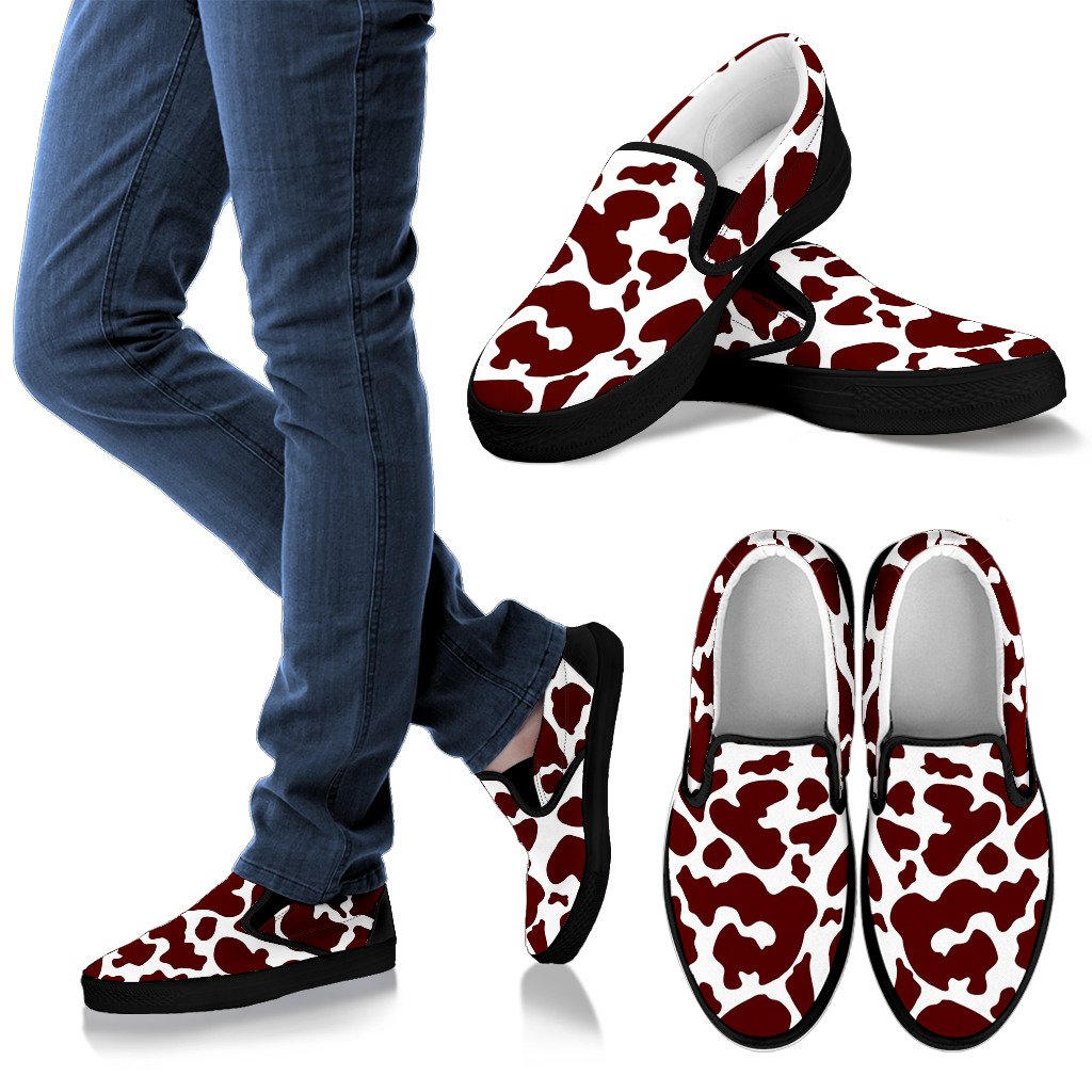 Chocolate Brown And White Cow Print Men's Slip On Shoes