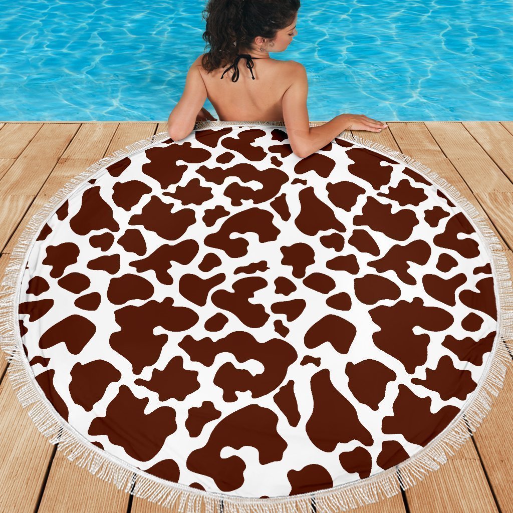 Chocolate Brown And White Cow Print Round Beach Blanket