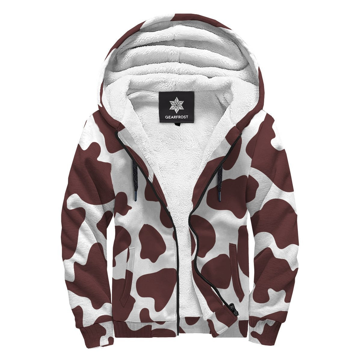 Chocolate Brown And White Cow Print Sherpa Lined Fleece Hoodie