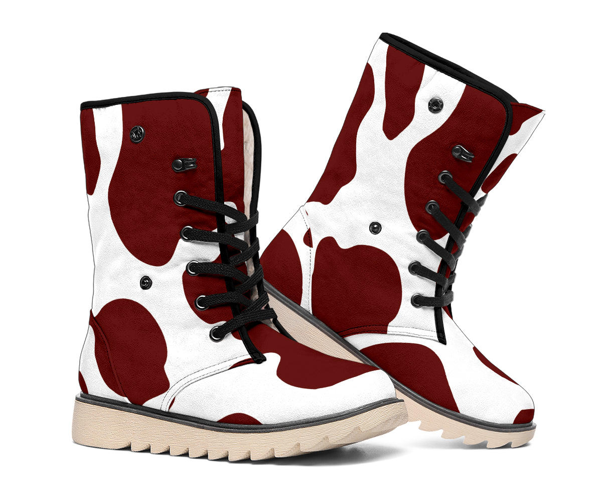 Chocolate Brown And White Cow Print Winter Boots