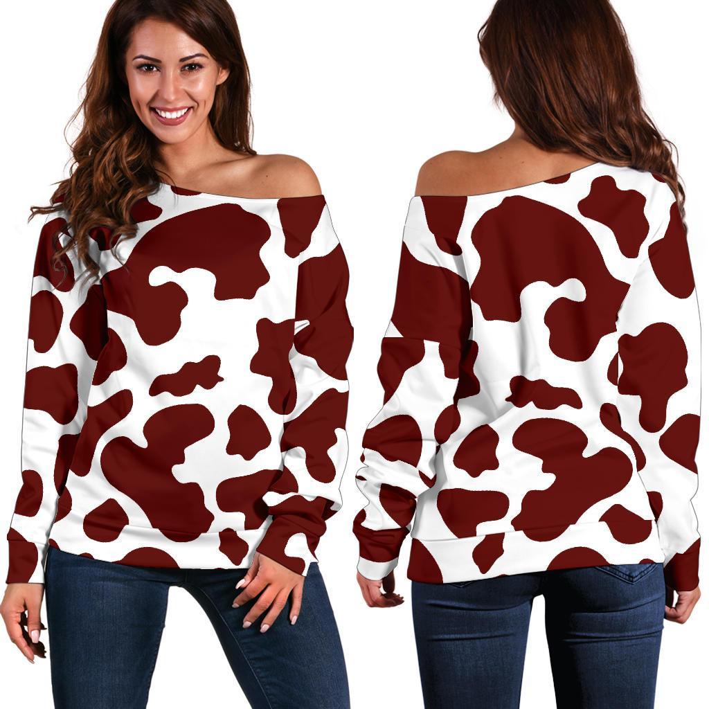 Chocolate Brown And White Cow Print Women's Off-Shoulder Sweatshirt