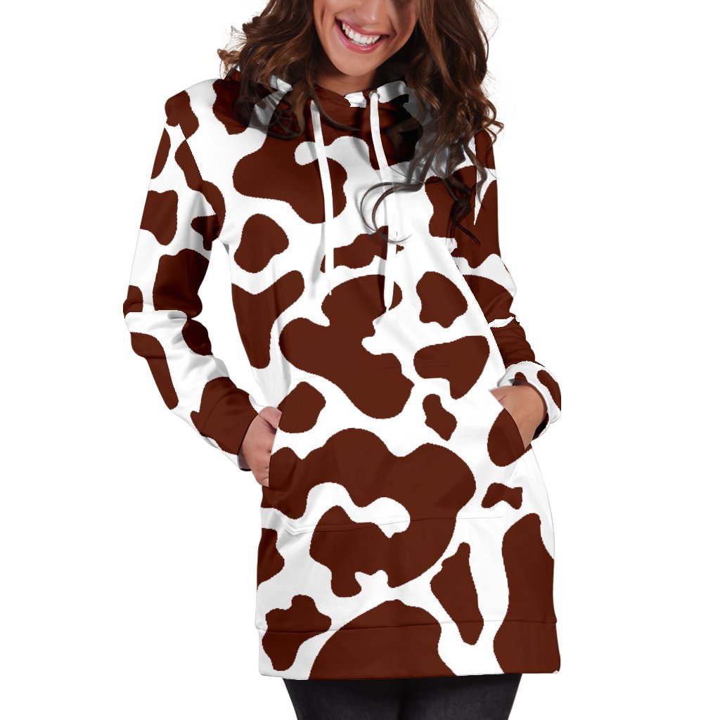 Chocolate Brown And White Cow Print Women's Pullover Hoodie Dress