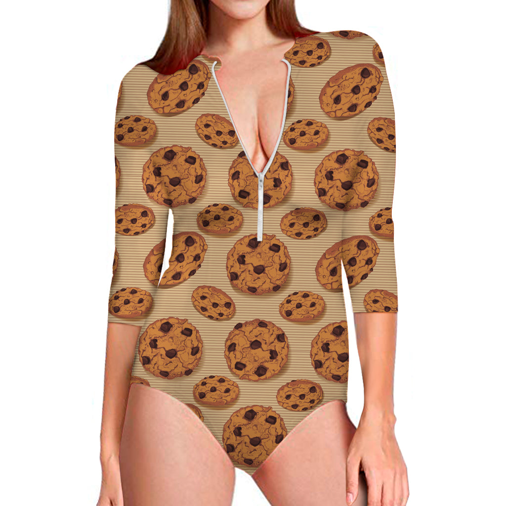 Chocolate Chip Cookie Pattern Print Long Sleeve One Piece Swimsuit