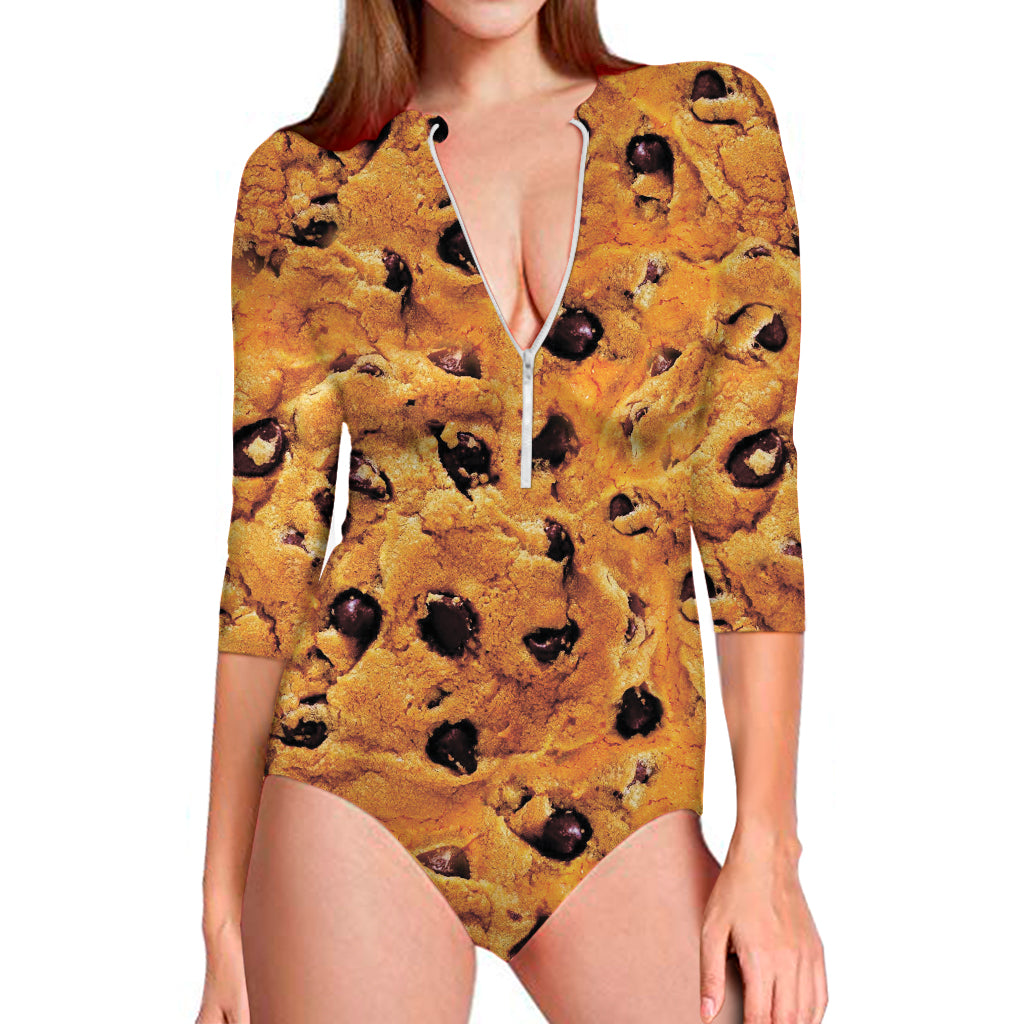 Chocolate Chip Cookie Print Long Sleeve One Piece Swimsuit