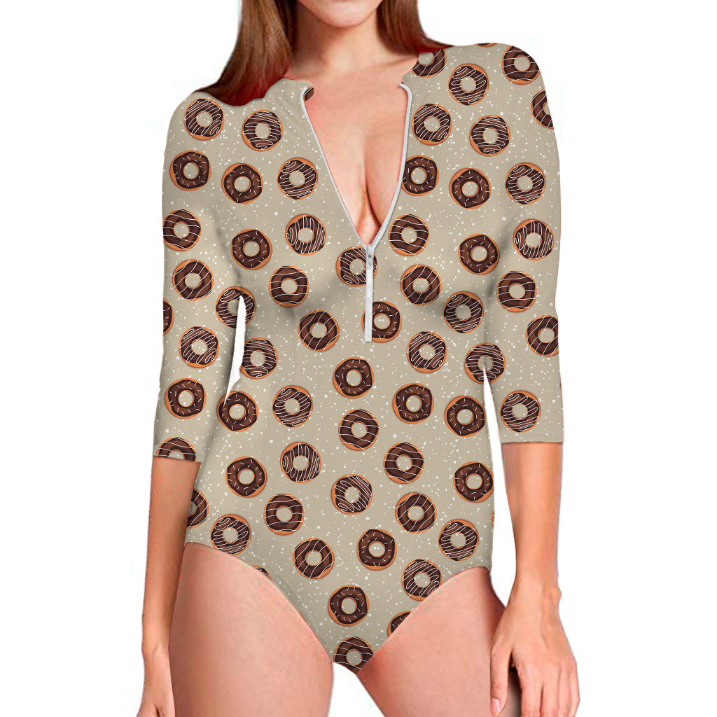 Chocolate Donuts Pattern Print Long Sleeve One Piece Swimsuit