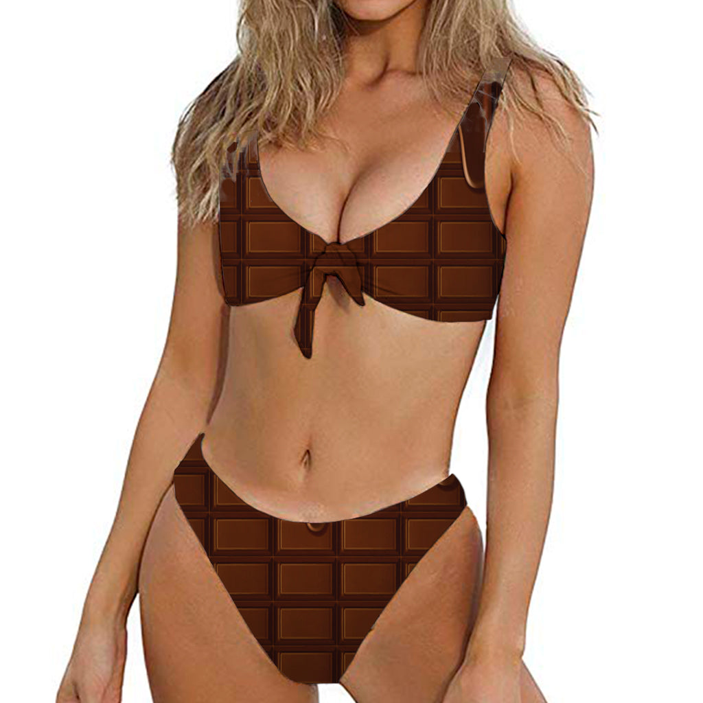 Chocolate Print Front Bow Tie Bikini