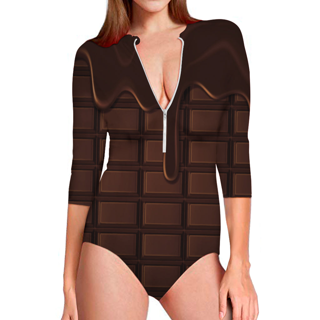 Chocolate Print Long Sleeve One Piece Swimsuit