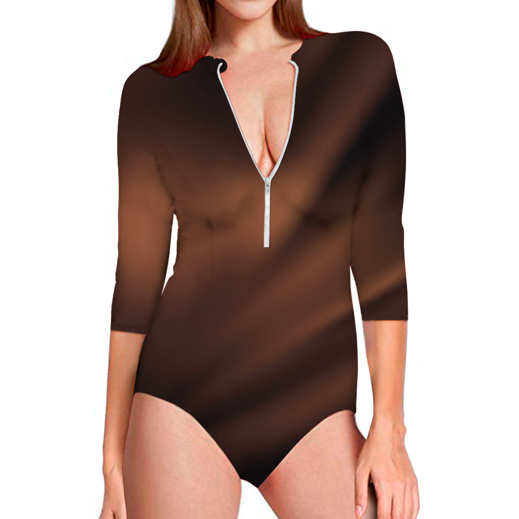 Chocolate Texture Print Long Sleeve One Piece Swimsuit