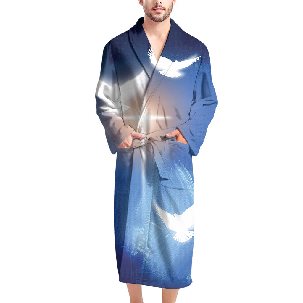 Christian Cross And White Doves Print Men's Bathrobe