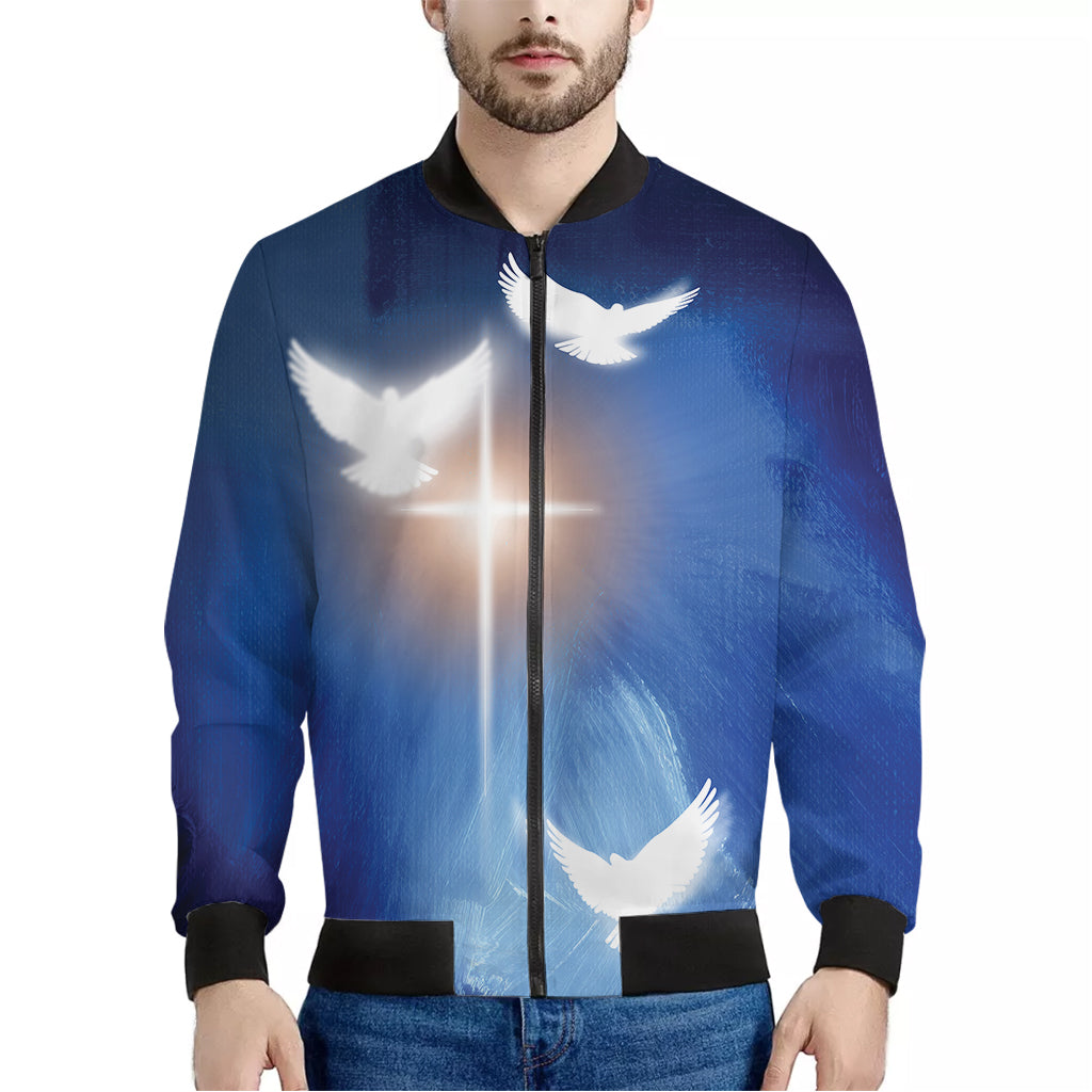 Christian Cross And White Doves Print Men's Bomber Jacket