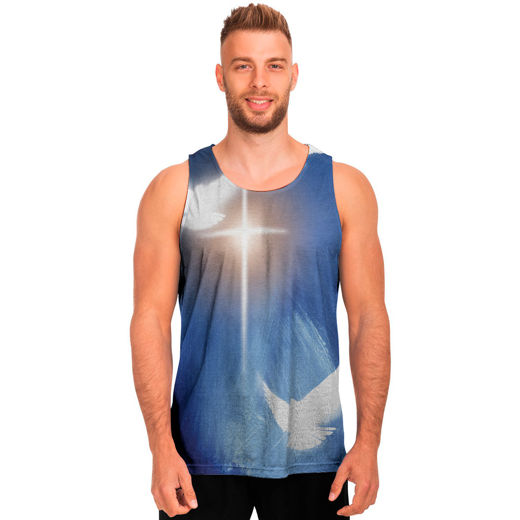 Christian Cross And White Doves Print Men's Tank Top