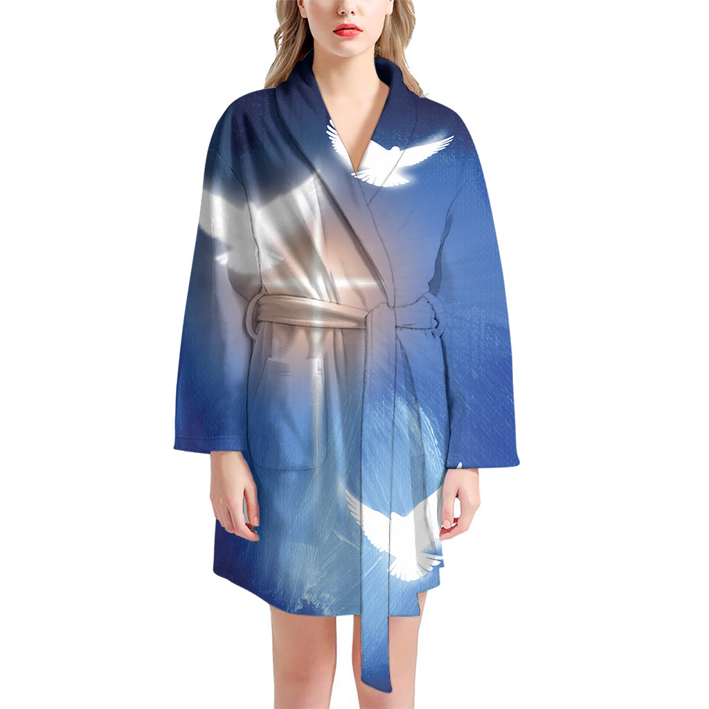 Christian Cross And White Doves Print Women's Bathrobe