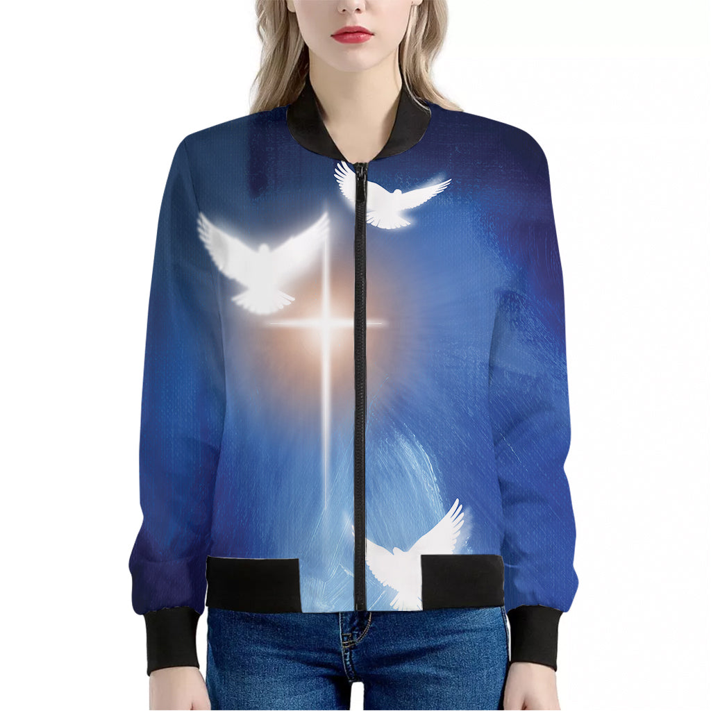 Christian Cross And White Doves Print Women's Bomber Jacket