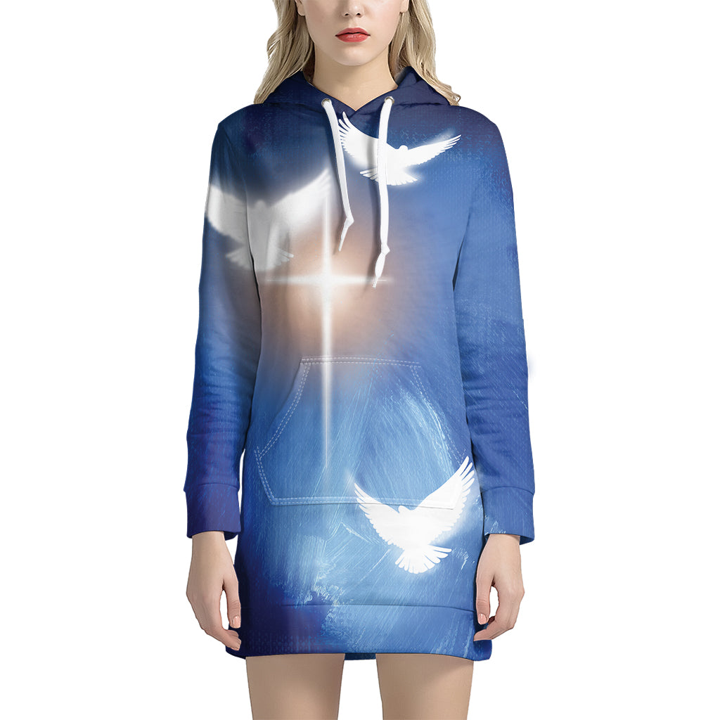 Christian Cross And White Doves Print Women's Pullover Hoodie Dress