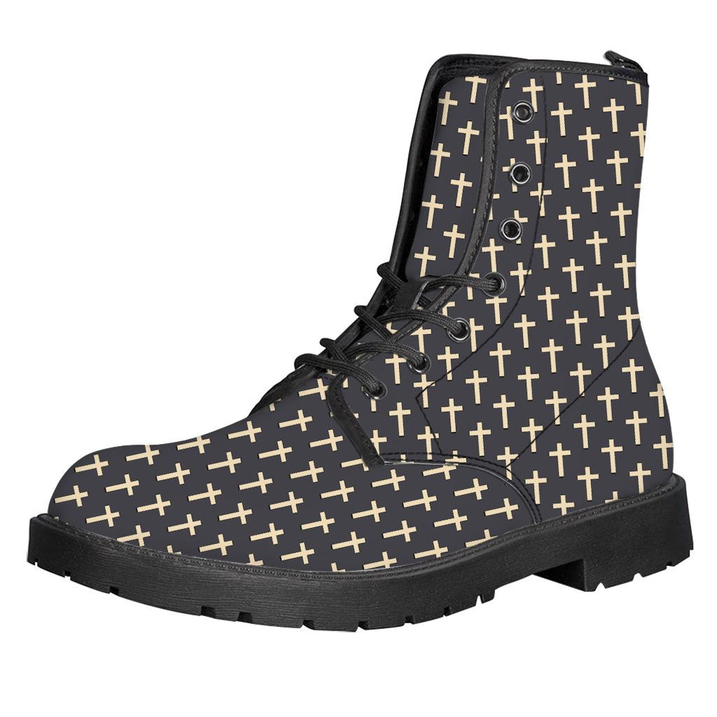 Christian Cross Pattern Print Leather Boots