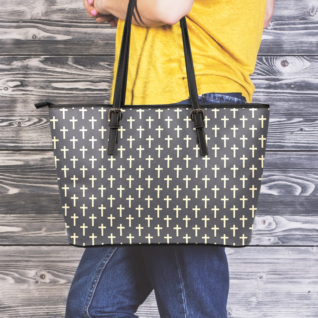 Christian Cross Pattern Print Leather Tote Bag