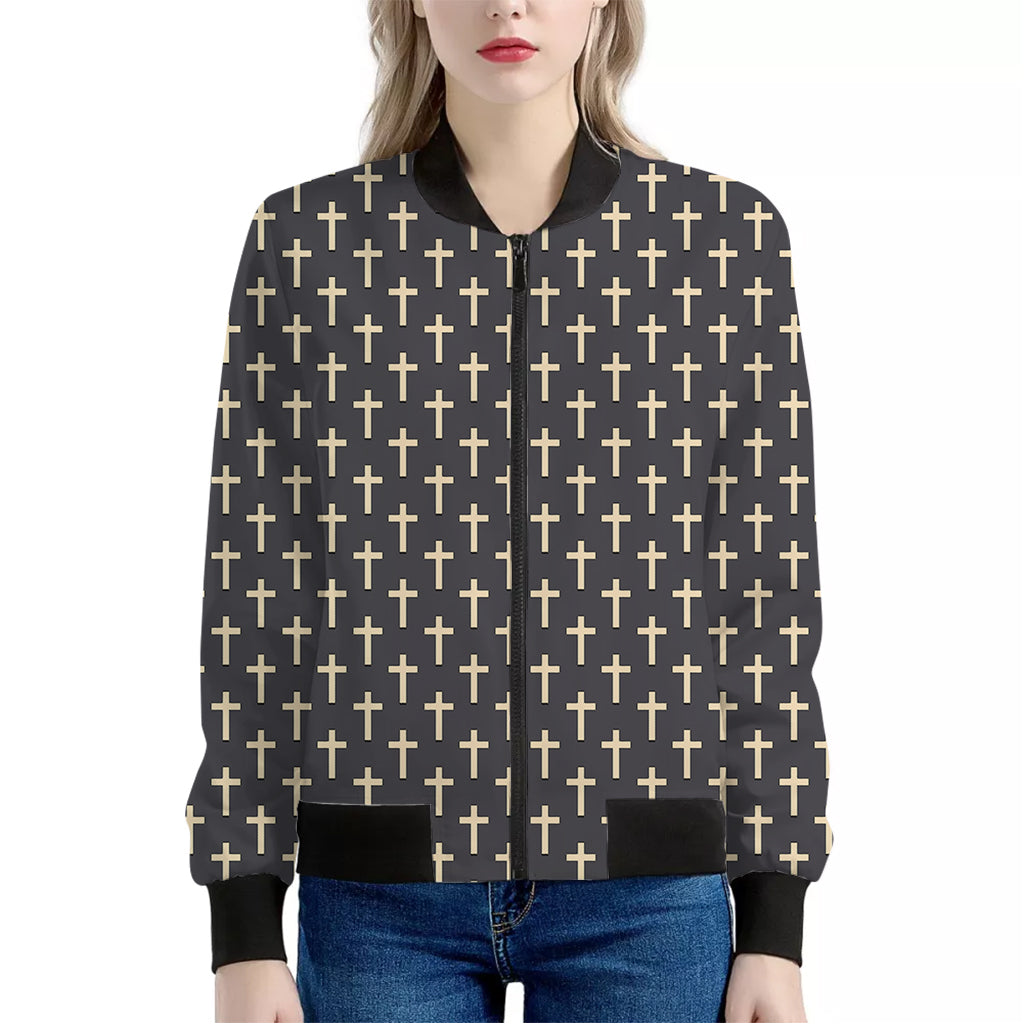 Christian Cross Pattern Print Women's Bomber Jacket