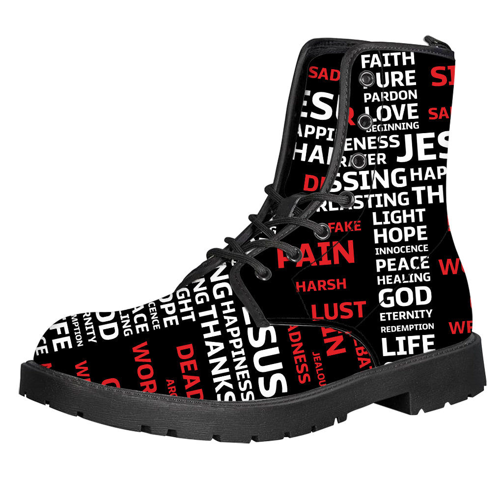 Christian Cross Religious Words Print Leather Boots