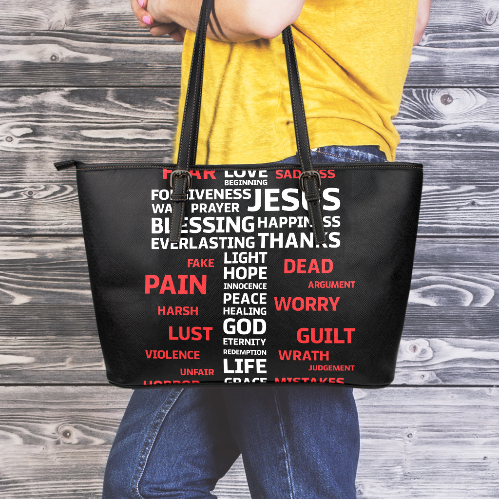 Christian Cross Religious Words Print Leather Tote Bag