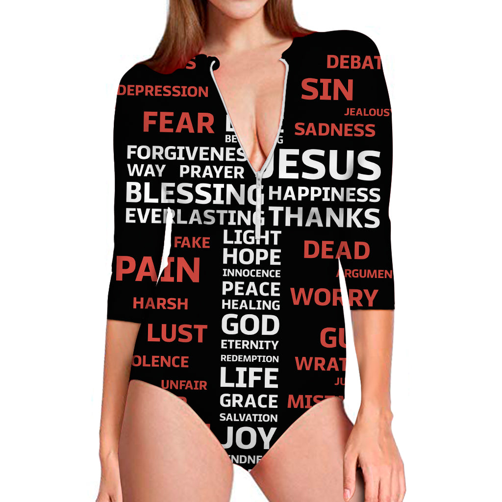 Christian Cross Religious Words Print Long Sleeve One Piece Swimsuit