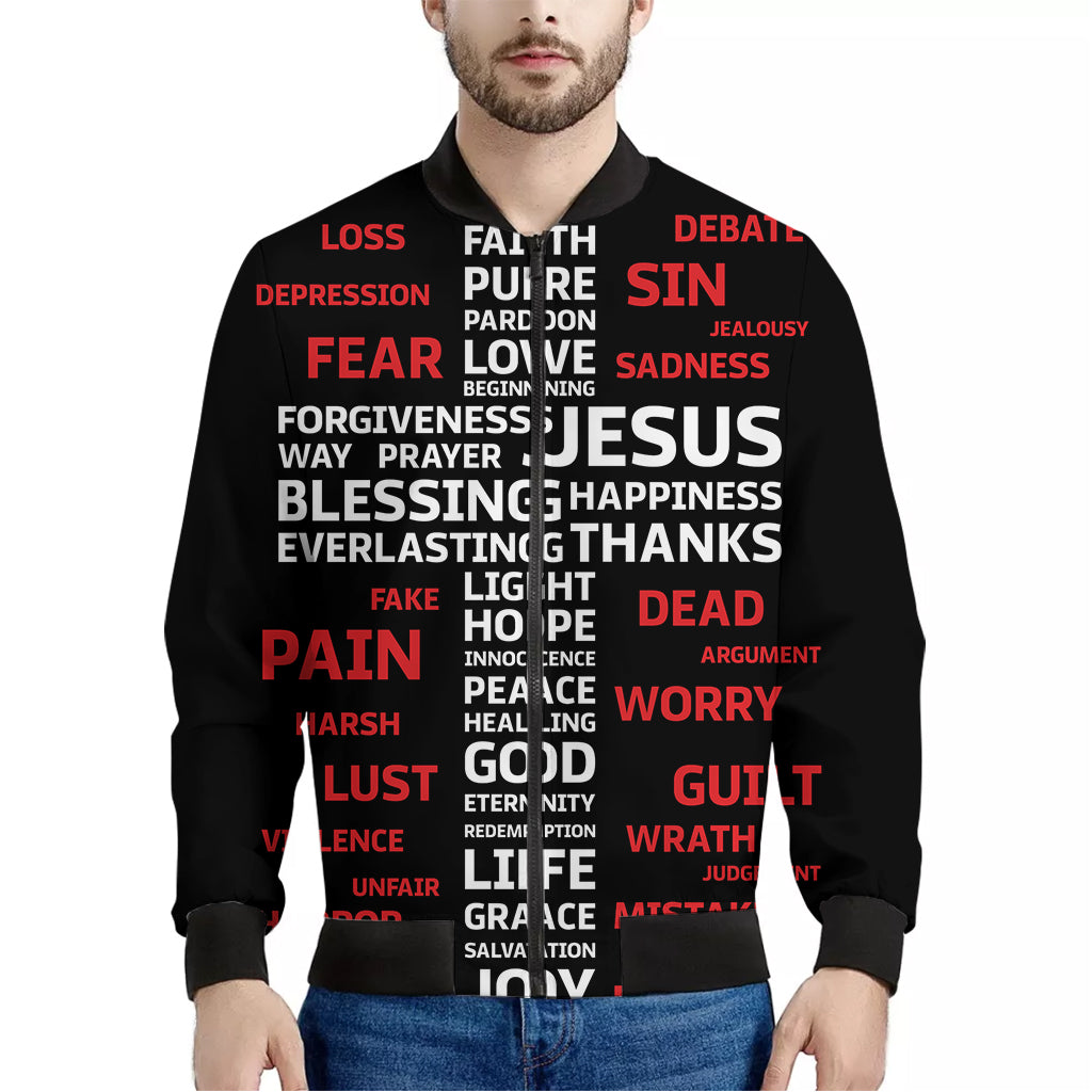 Christian Cross Religious Words Print Men's Bomber Jacket