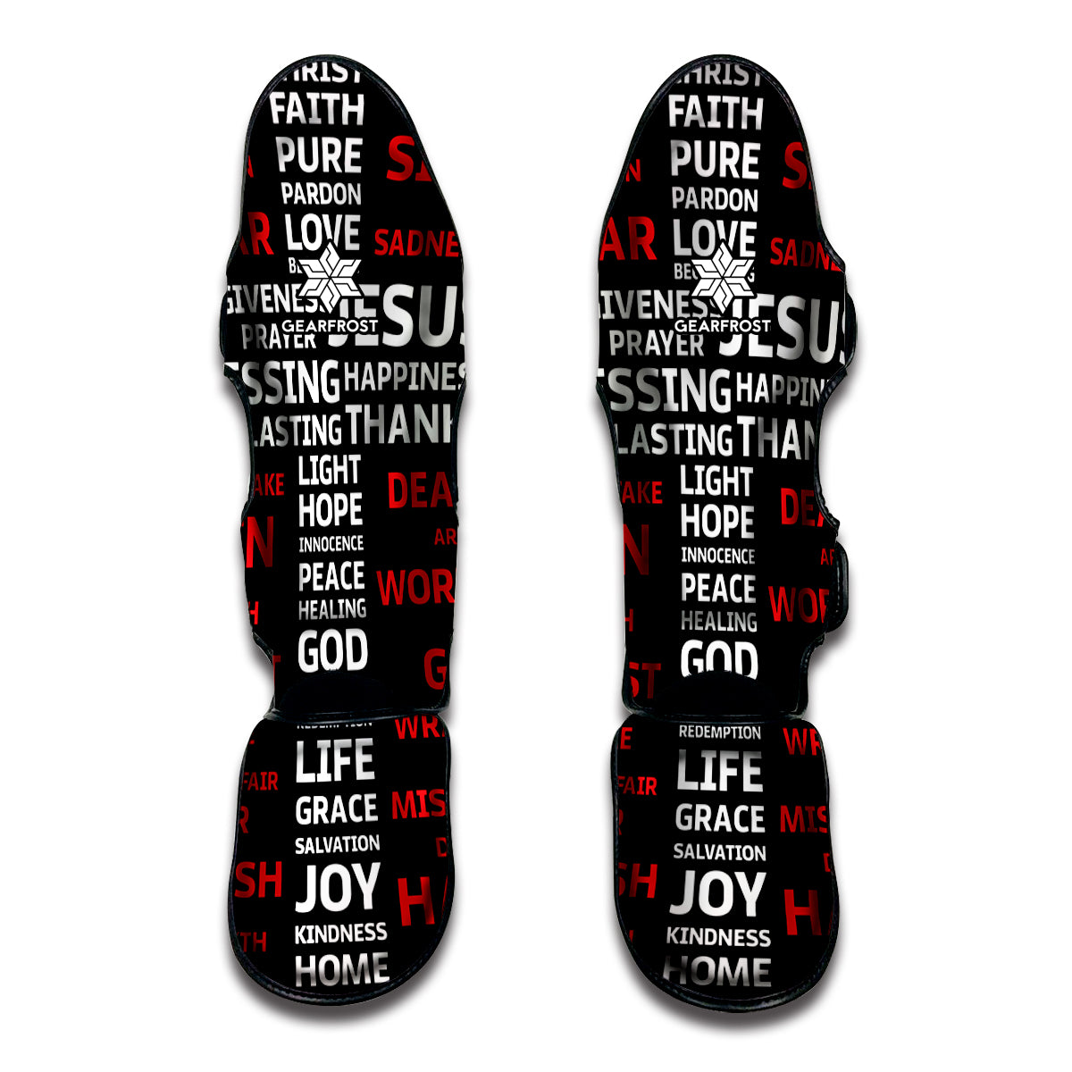 Christian Cross Religious Words Print Muay Thai Shin Guards