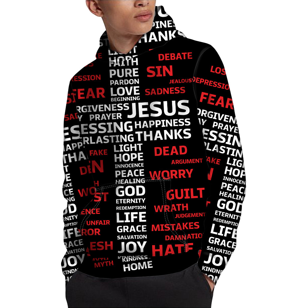 Christian Cross Religious Words Print Pullover Hoodie