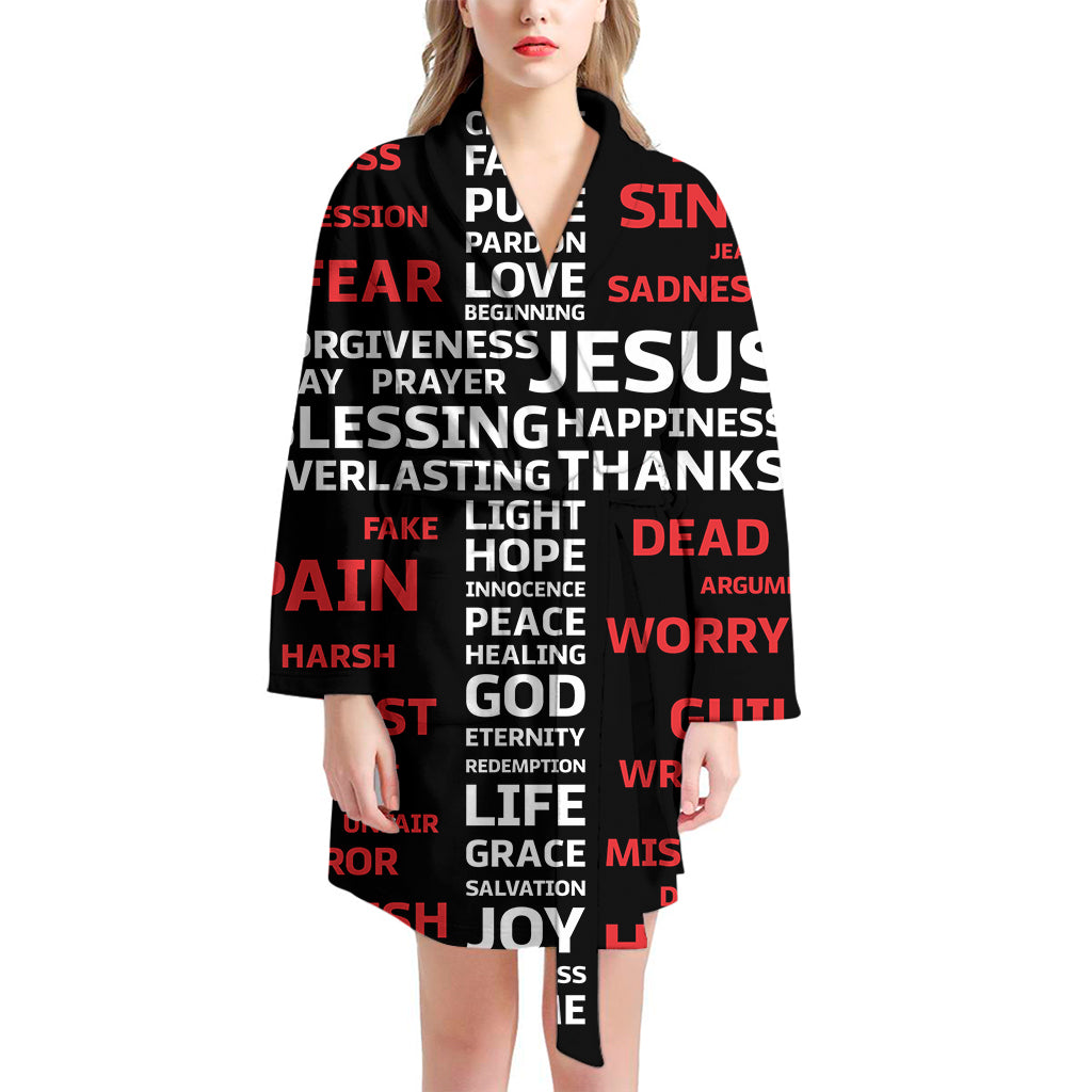 Christian Cross Religious Words Print Women's Bathrobe