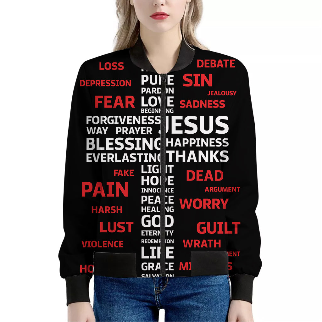 Christian Cross Religious Words Print Women's Bomber Jacket