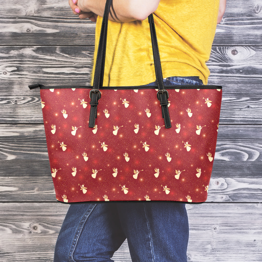 Christmas Angel Pattern Print Leather Tote Bag