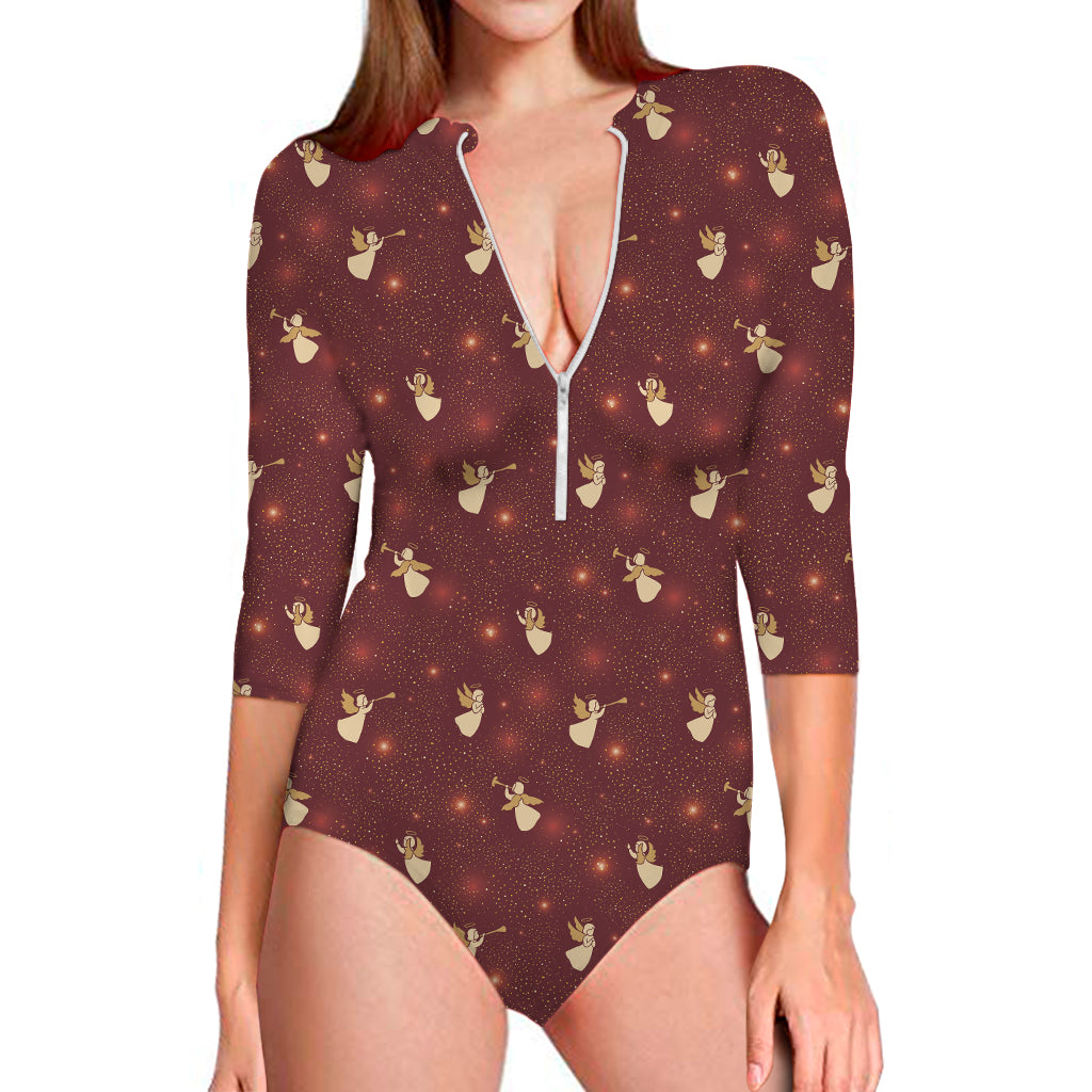 Christmas Angel Pattern Print Long Sleeve One Piece Swimsuit